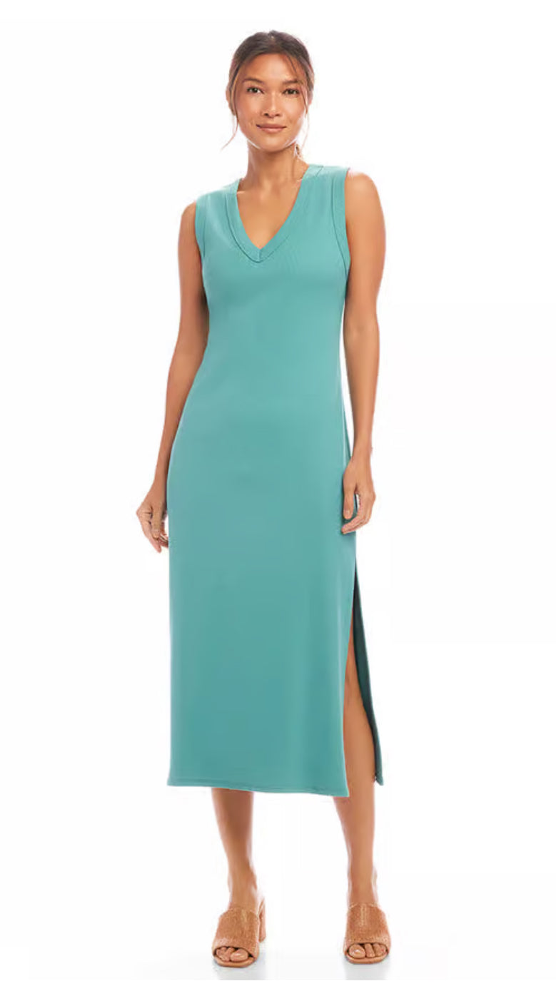 Karen Kane Ribbed V Neck Midi Column Dress - Aqua