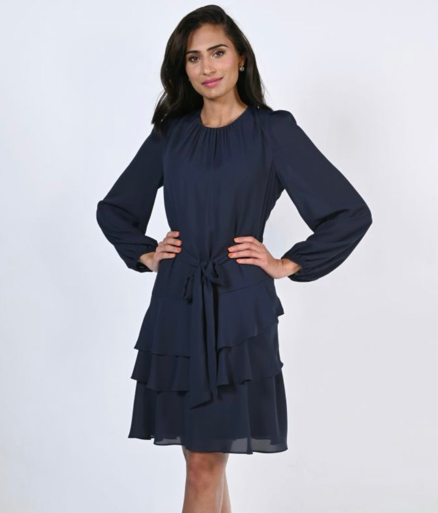 Frank Lyman Navy Ruffle Bottom Tie Dress Navy / 4 Frank Lyman Navy Ruffle Bottom Tie Dress Navy / 4