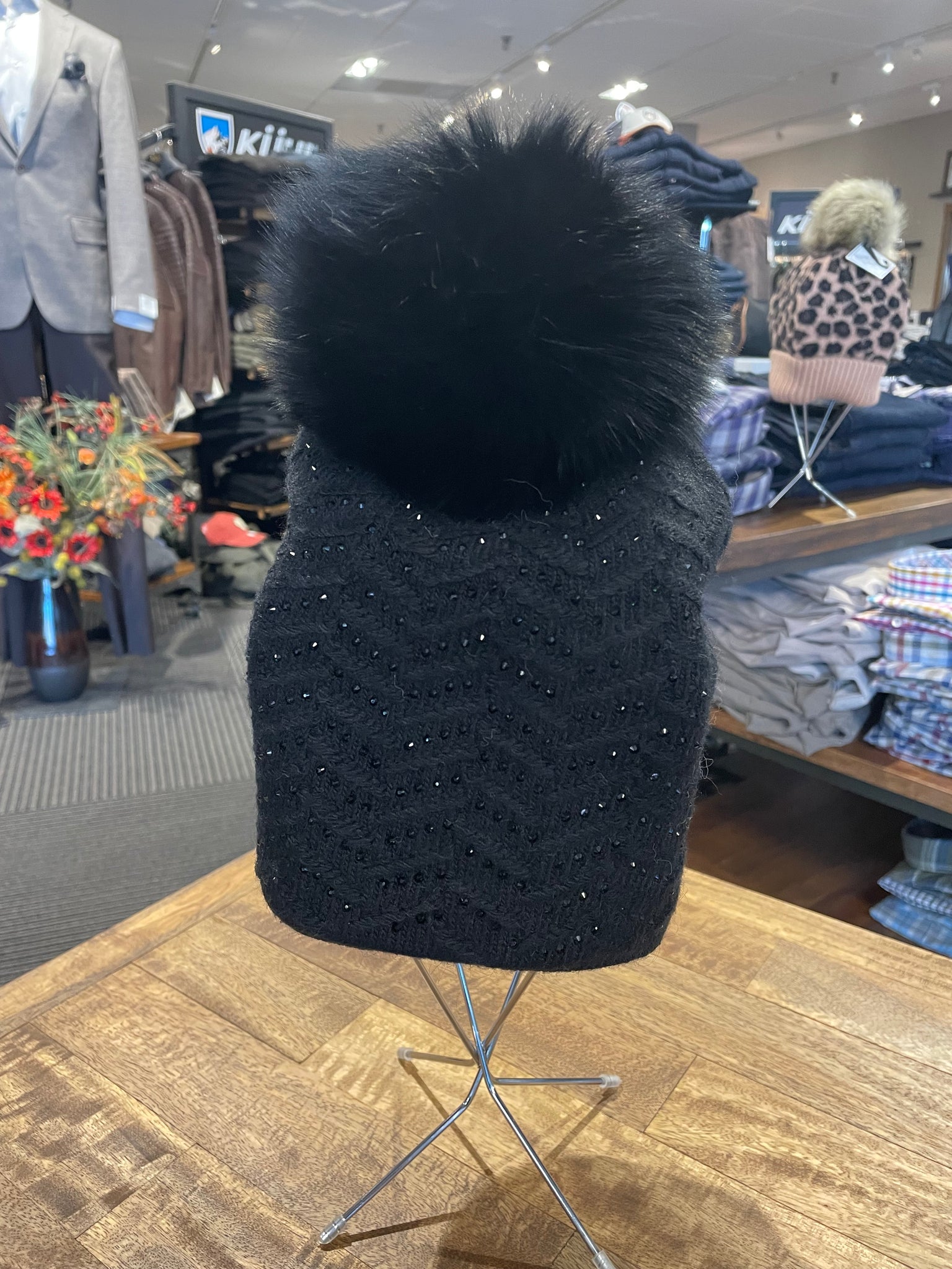 White Snowflake Sparkle Beanie with White Fox Fur Pom-Pom | Day Furs